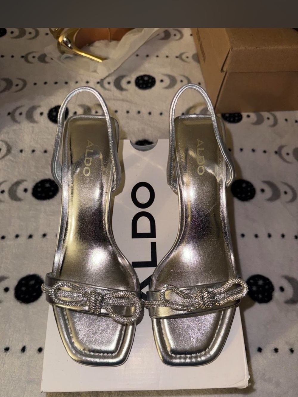ALDO Silver heels with bow rhinestone detail
